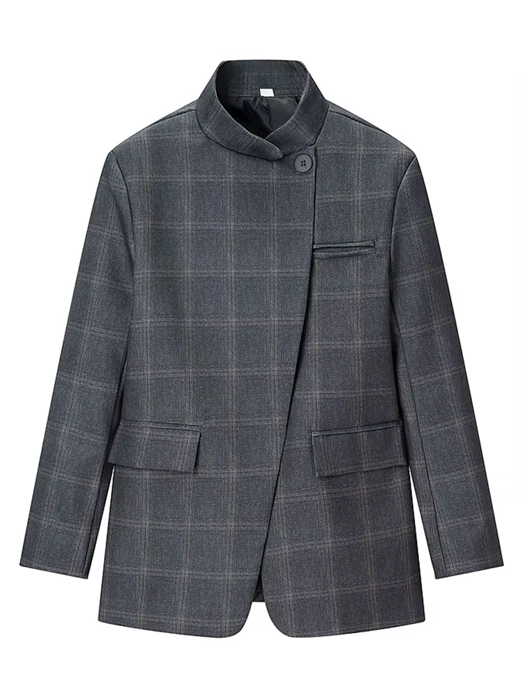 HH Blazer à carreaux pour femme, col montant, manches longues, veste décontractée chic pour le burea