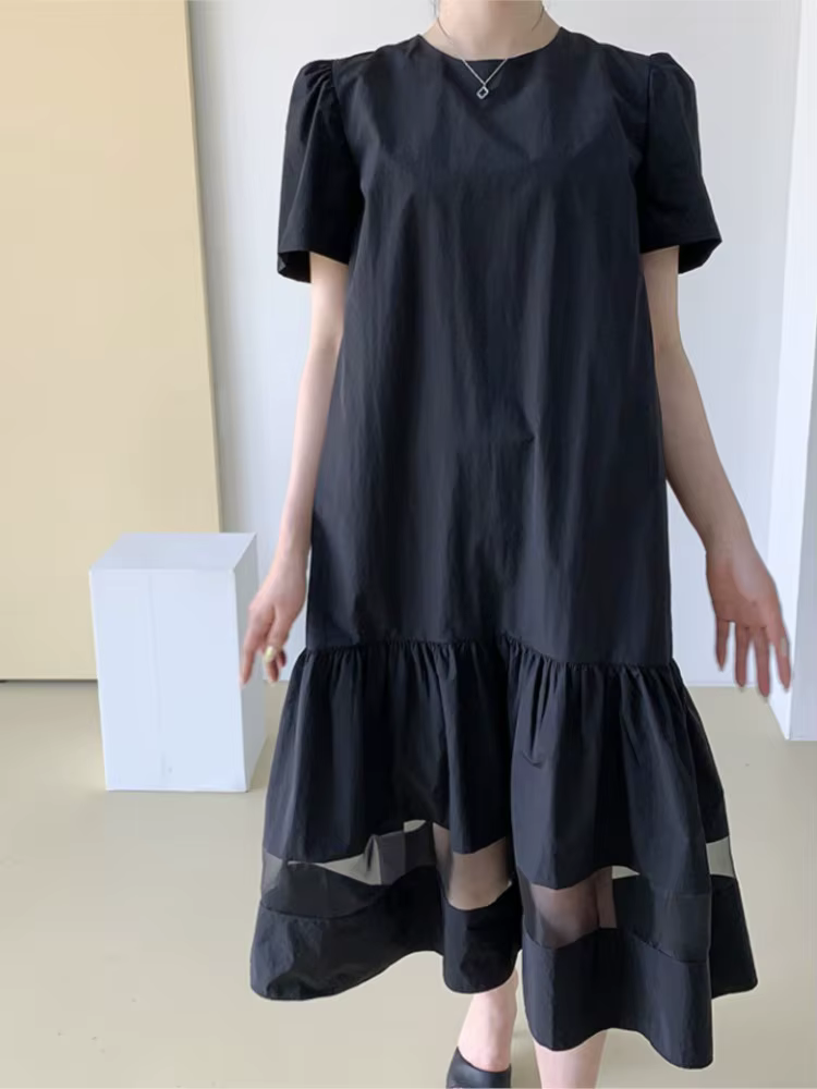 Robe mi-longue en dentelle noire pour femmes, pull plissé à volants, robes de bureau décontractées p