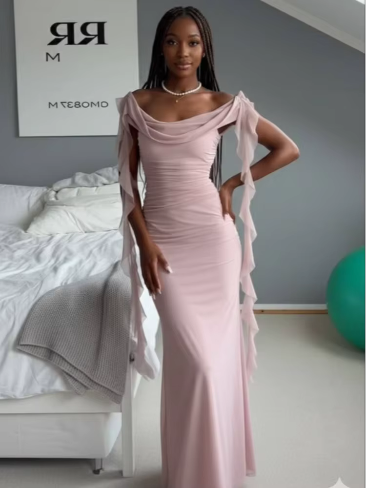 Robe de soirée élégante pour femme, style célébrité, à volants superposés, épaules dénudées, fluide,