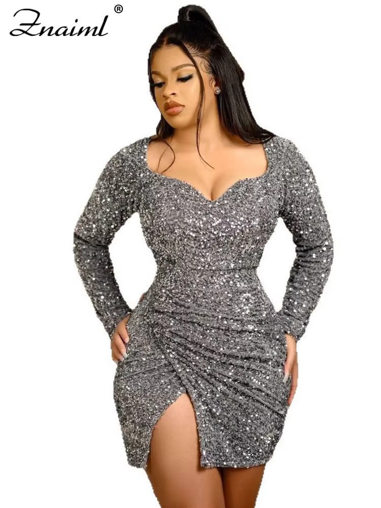 Znaiml Sexy Night Club Birthday Party Mini Dresses African Women Long Sleeve Split Sequins Silvery V