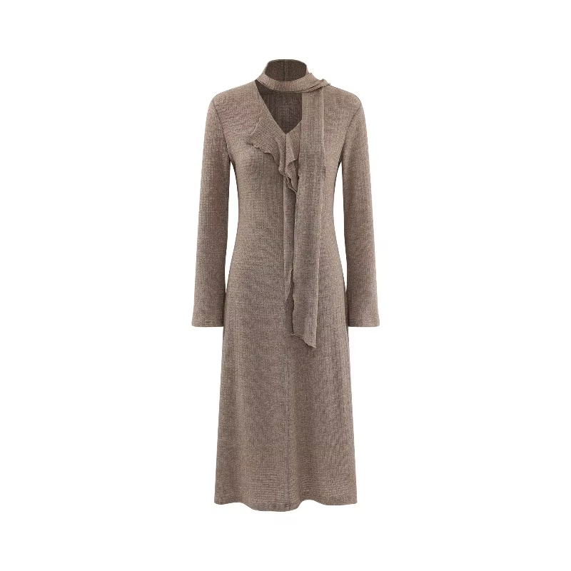 Robe française élégante en tricot, col en v, manches longues, élastique, Maxi, Design asymétrique, r