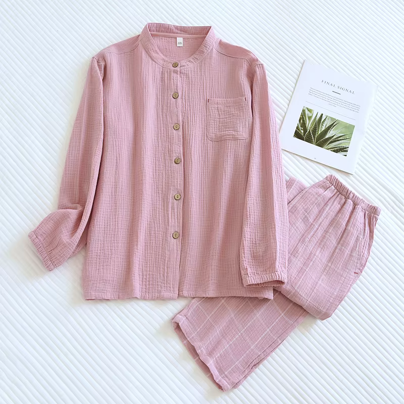 Nouvel ensemble de pyjama 2 pièces en gaze 100 % coton de couleur unie pour femme, collection Printe
