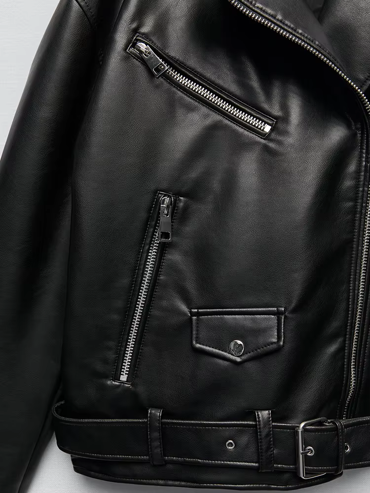 Ailegogo femmes ample moto motard noir Pu Faux cuir veste avec ceinture printemps automne femme mant