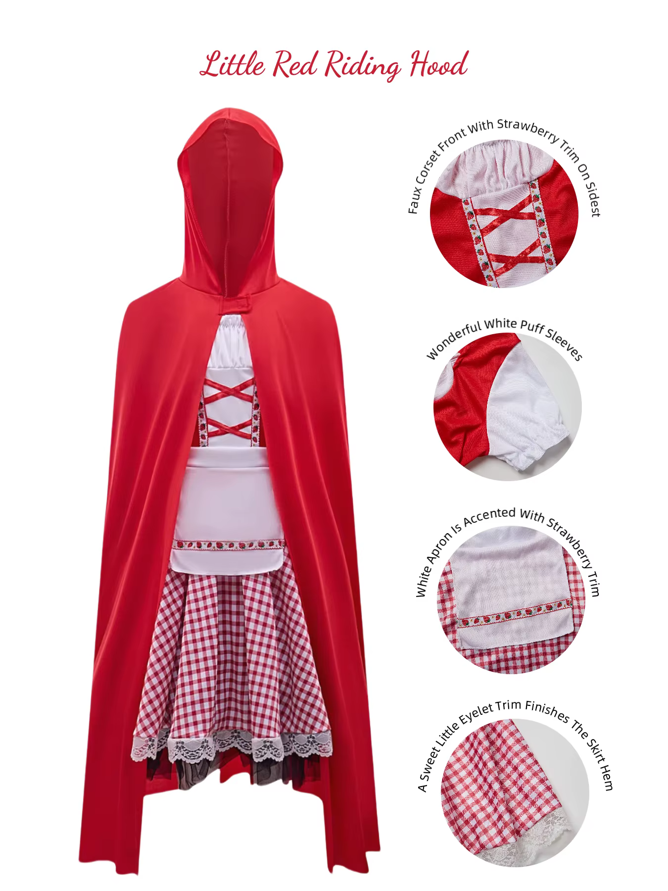 Costume de Caperon Rouge pour enfants, tenue de cosplay d'Halloween pour filles, cape à capuche roug