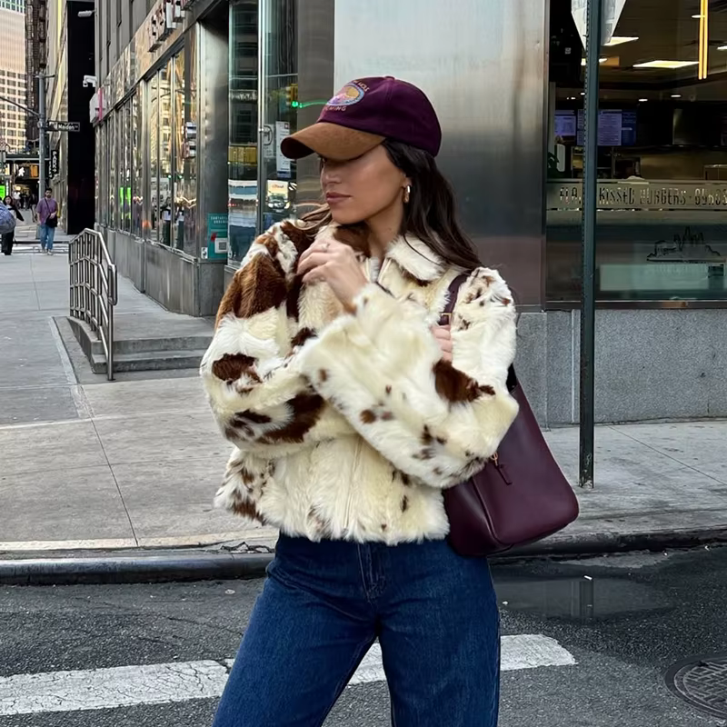 Neo Mint Chic Street Girls vache imprimé manteau de fourrure femmes 2025 hiver nouvelle marque de mo