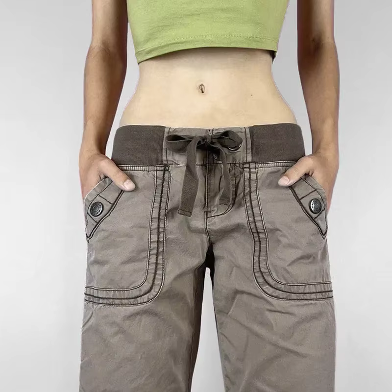 Pantalon rétro à lacets taille basse pour femme, streetwear, patchwork, décontracté, Harajuku, droit