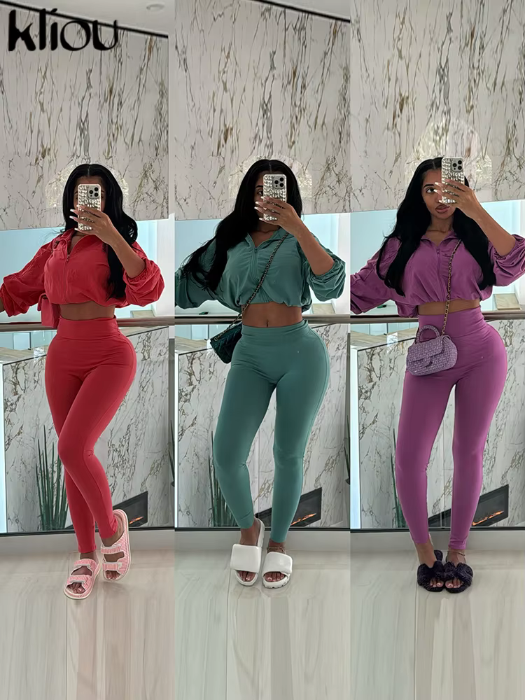 Kliou-Ensemble 2 Pièces Décontracté pour Femme, Classique, Couleur Unie, Manches sulf, Proximité, Ws