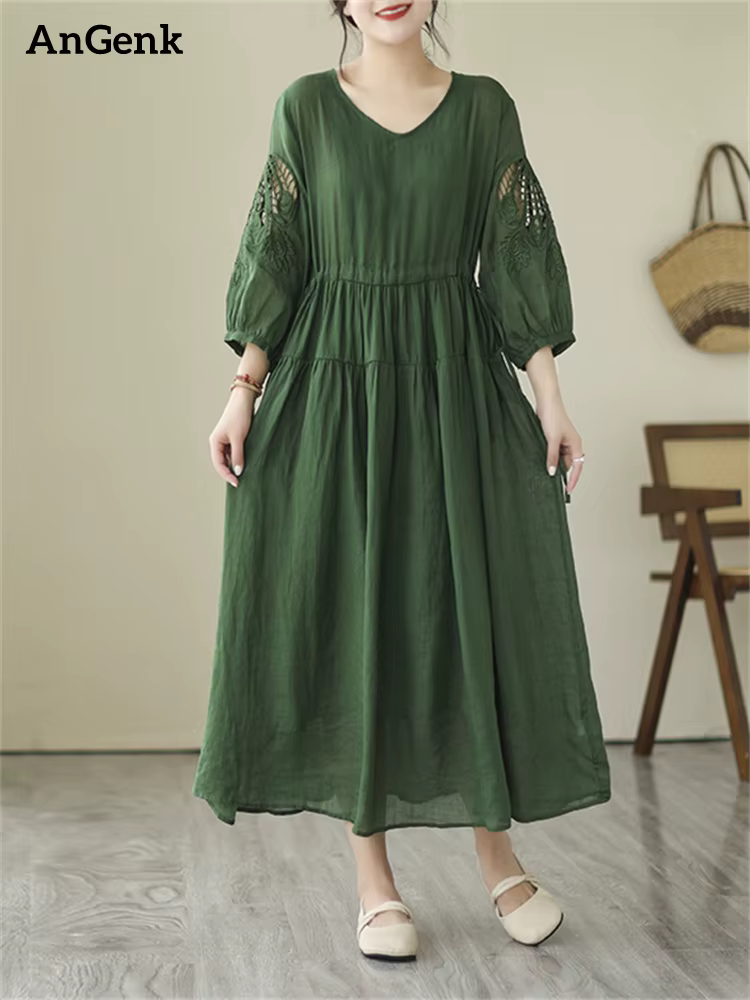 Robes d'été vintage de couleur unie pour femmes 2026 – Robe longue décontractée et respirante, éléga