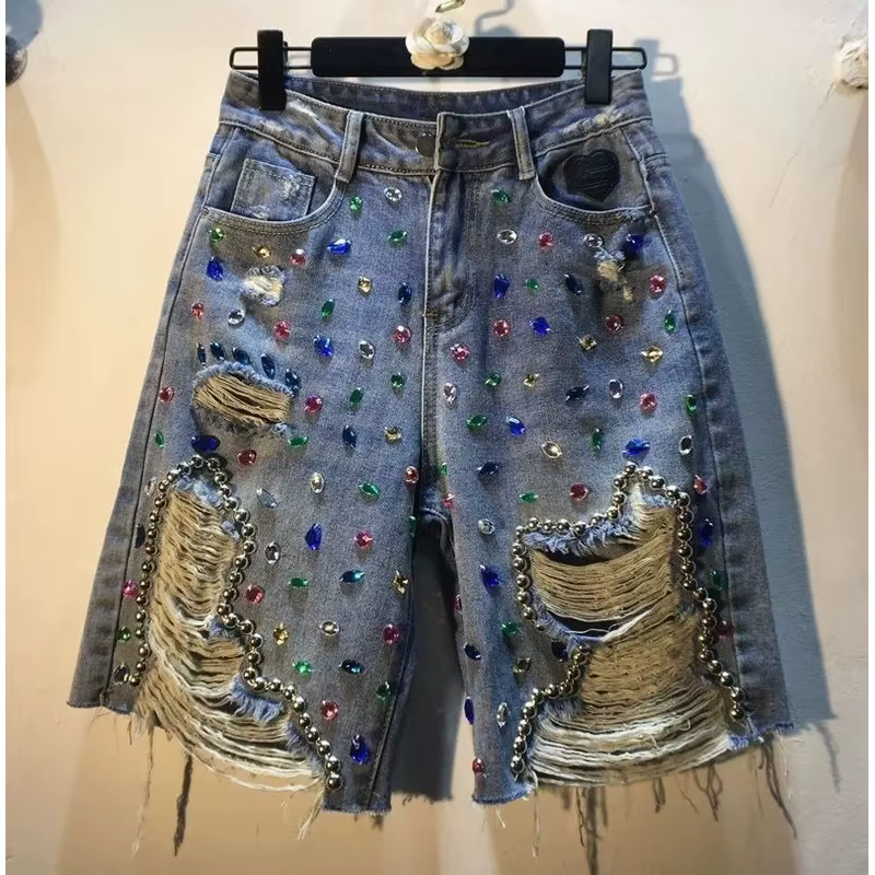 Pantalon court d'été pour femmes, taille haute, avec trous, extensible, en détresse, diamants délavé