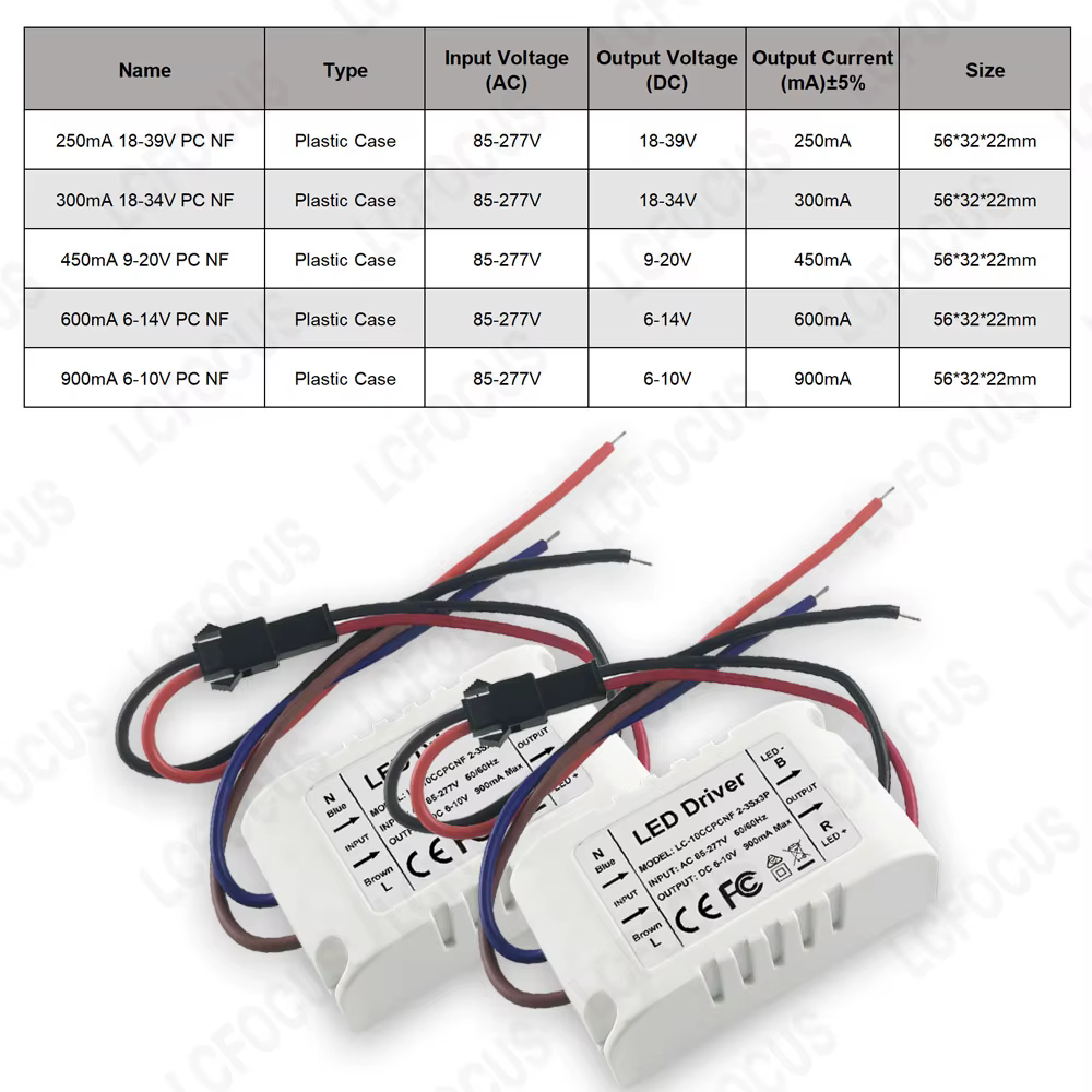 Courant constant 250mA 300mA 450mA 600mA 900mA Pilote LED Boîtier ignifuge en plastique Alimentation