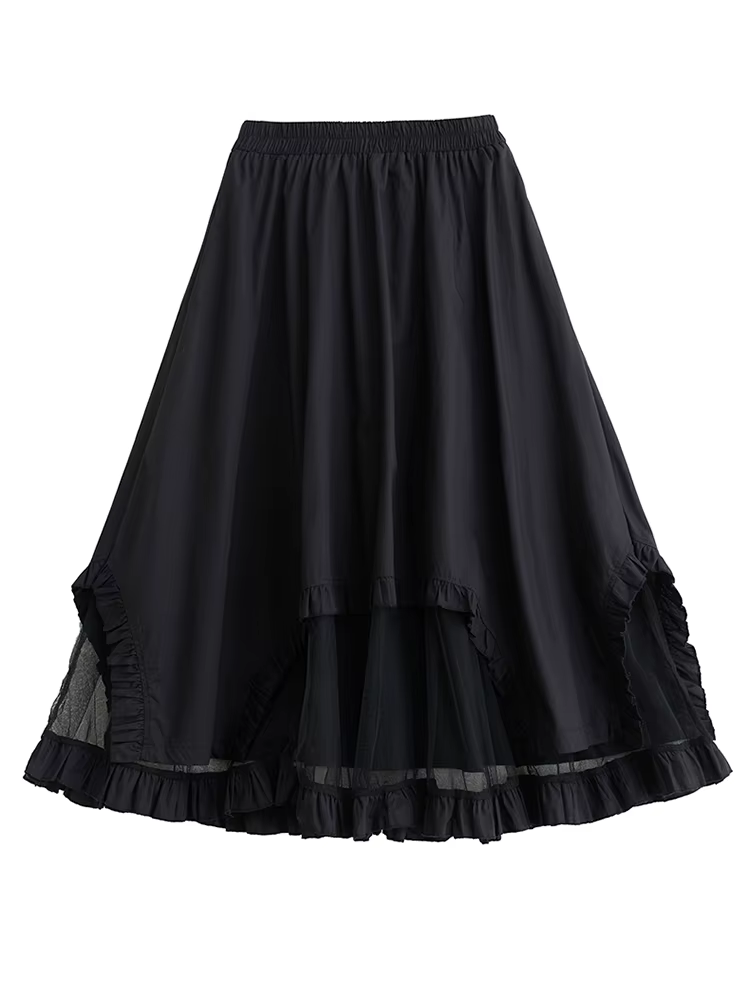 Jupe mi-longue décontractée noire vintage à empiècements en maille, taille haute, coupe irrégulière,