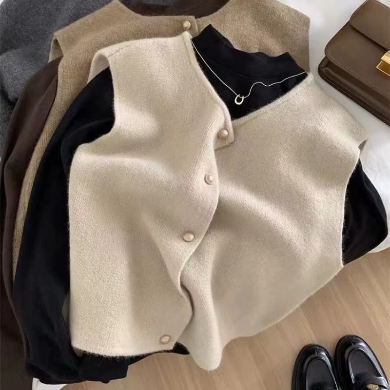 Cardigan coréen à col ras du cou pour femmes, boutons solides, manches courtes, manteaux, pull trico