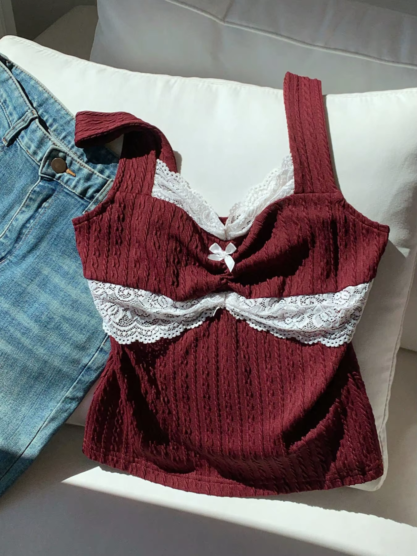 Nouveau débardeur femme Y2K tendance été avec dentelle et nœud décoratif, style pur et séduisant
