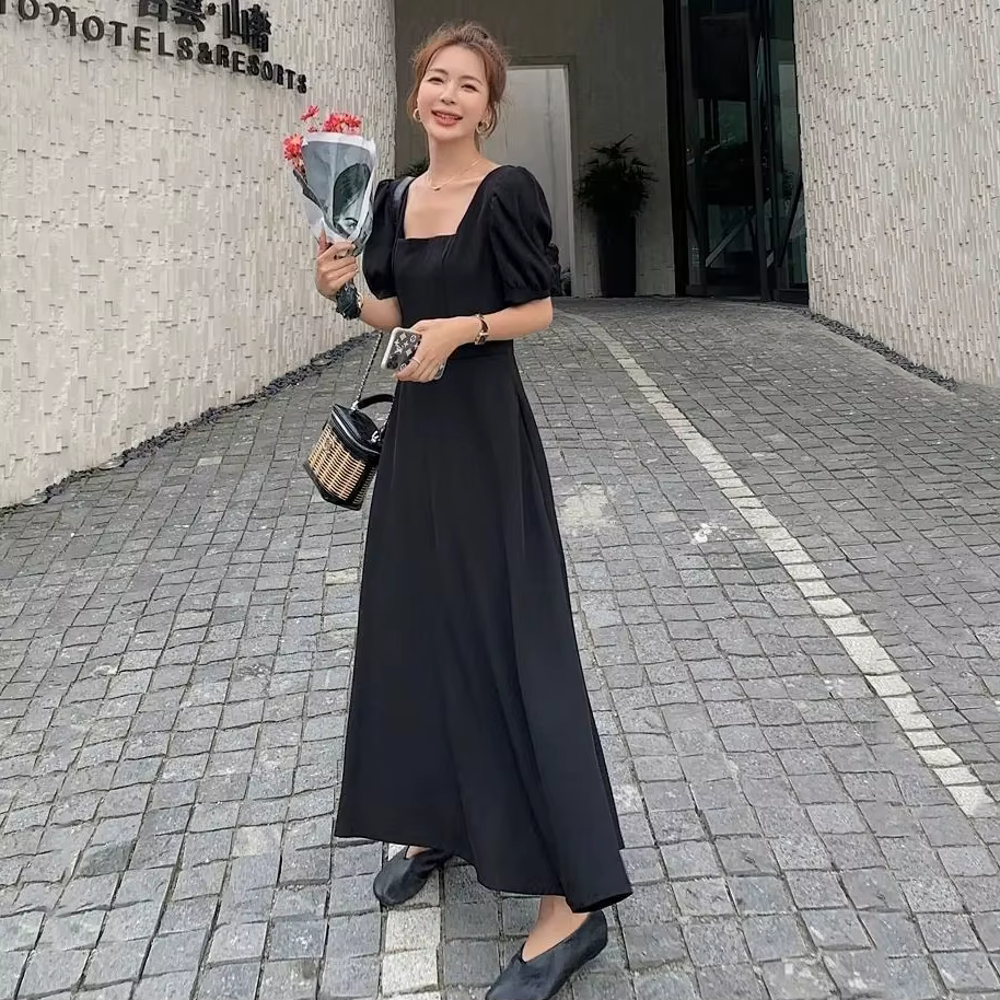 Robe Chic Vintage Noire pour Femme, Taille Haute, Col Carré, Manches Bouffantes, Nministériels d Tra