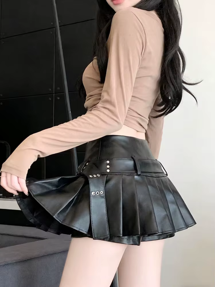 Jupe trapèze gothique noire en cuir plissé pour femmes, Mini short Y2k, jupe Emo coréenne Harajuku, 