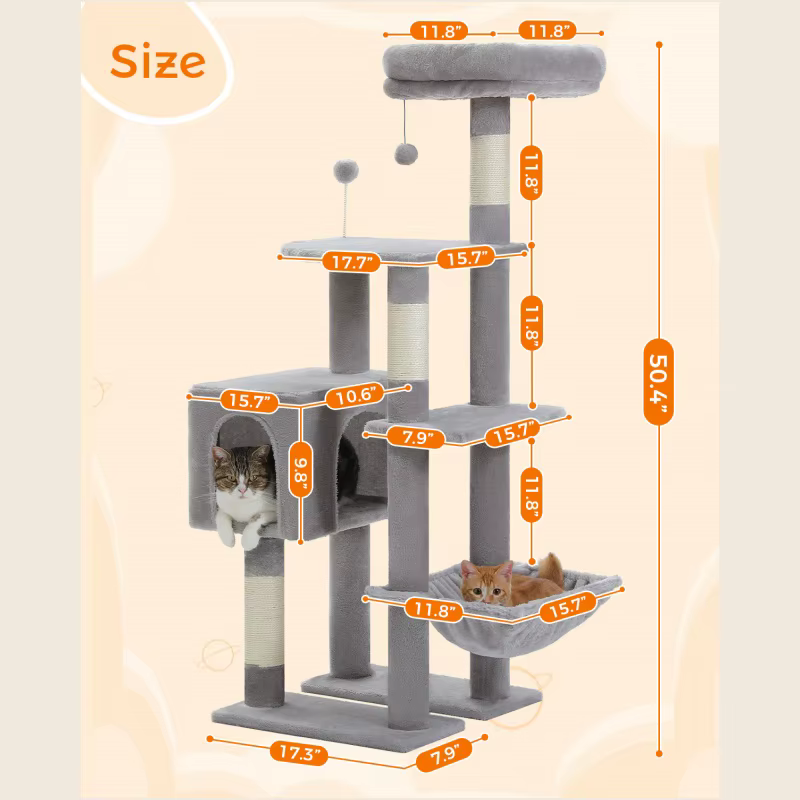 Grand condo pour chats d'intérieur, arbre à chat avec hamac, griffoirs, 2 perchoirs