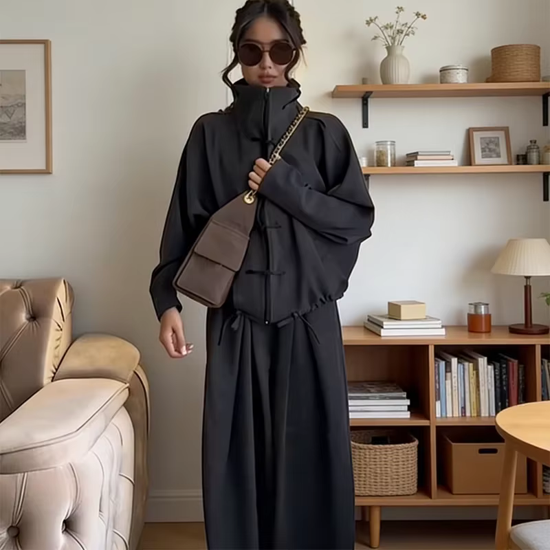 Nouveaux ensembles assortis pour femmes 2026 : Veste chic à col montant unie, pantalon confortable, 