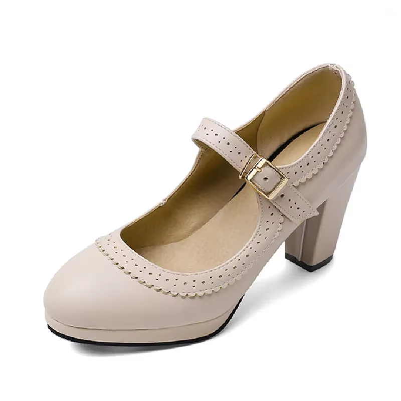 Sweet Mary Janes High nights Heels for Women, Round Parker, Platform Pumps, Red Nude, Black Fretwork
