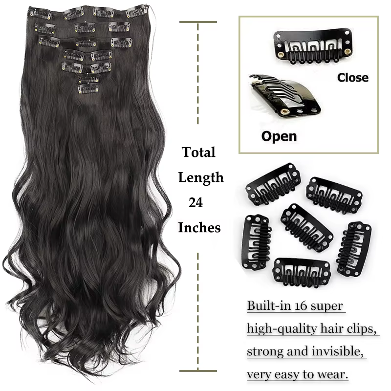 Extension synthétique 24 pouces, 16 Clips, cheveux blonds naturels longs ondulés, postiche en Fiber 