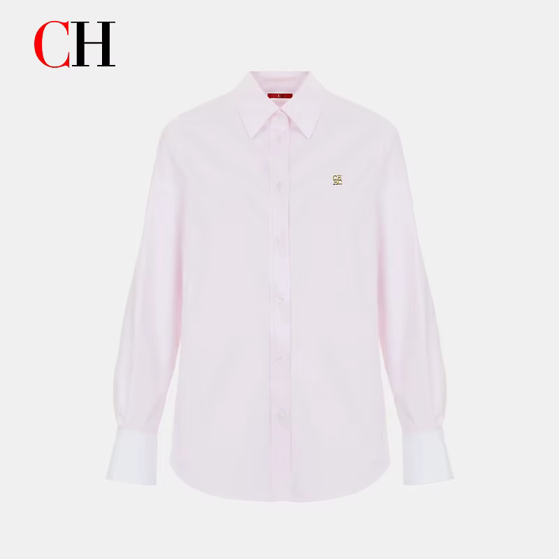 Chemise classique blanche boutonnée pour femme CH, manches longues, détail logo doré, chemisier form