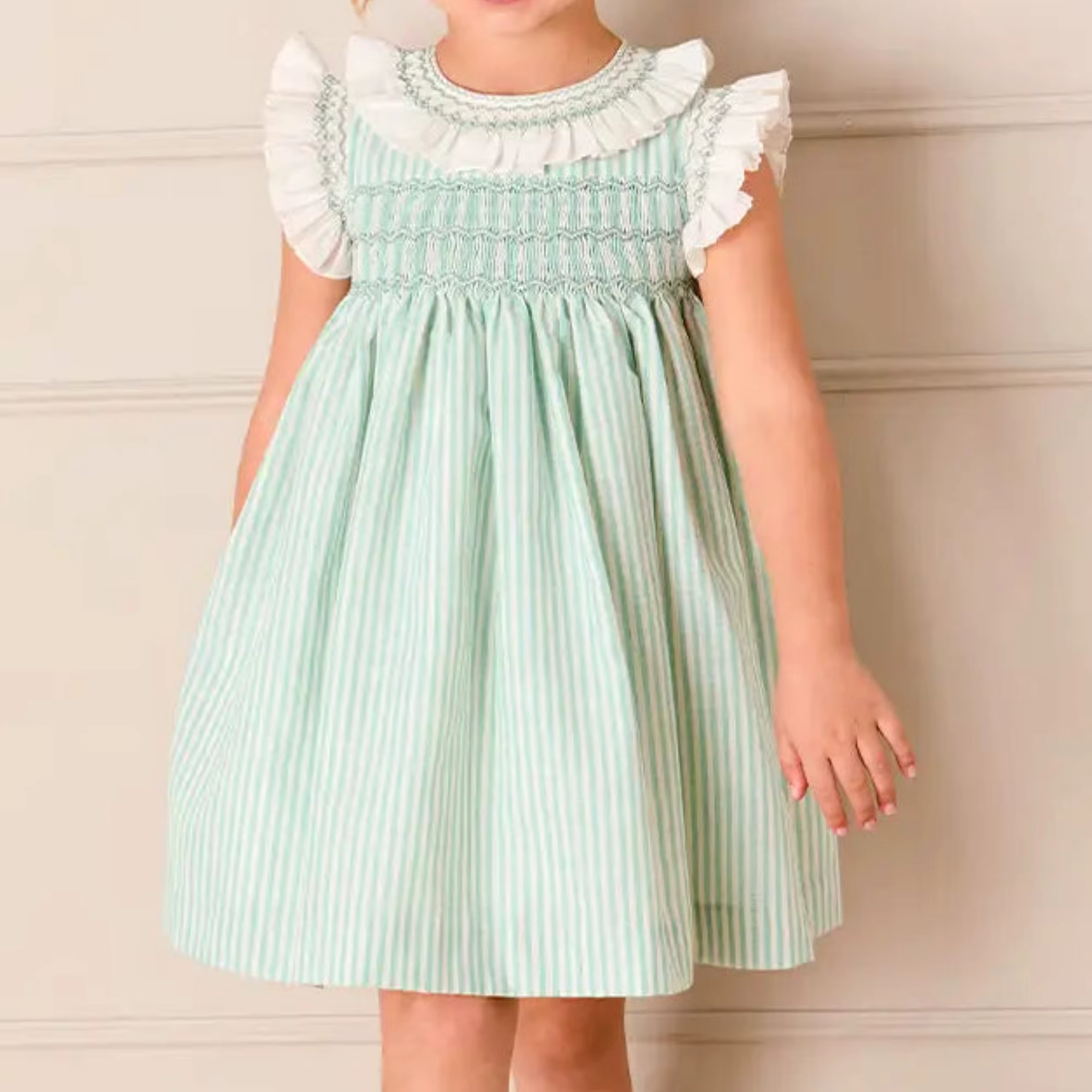 Robes d'été élégantes sans manches pour filles, couleur verte, rayées, avec col smocké à volants fai