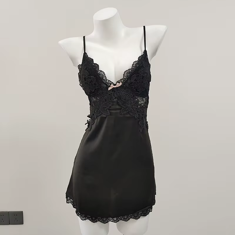 Avec coussinets de poitrine chemises de nuit V profond broderie dentelle chemise de nuit femmes Sati