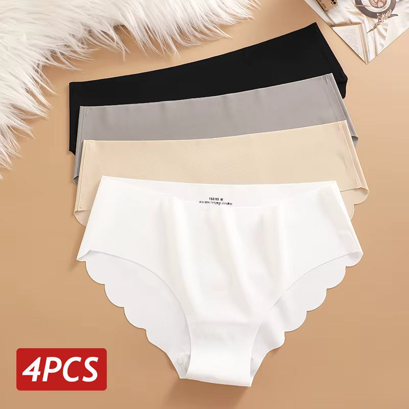 Culotte sans couture en soie glacée 4 pièces/ensemble slips pour femmes couleur unie sous-vêtements 