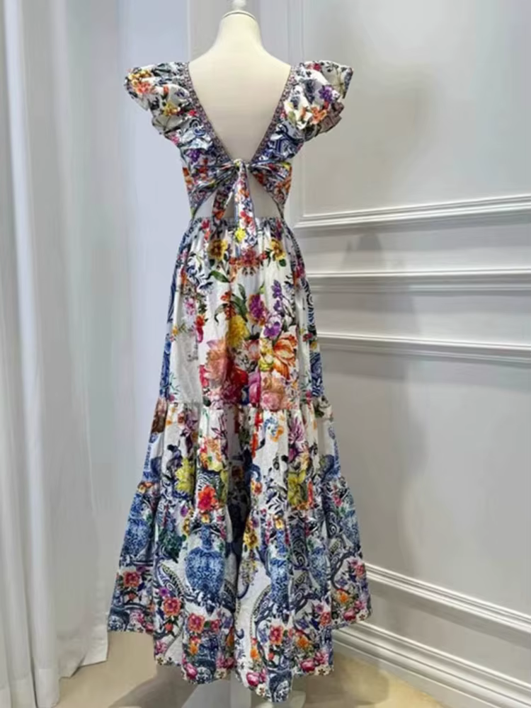 Robe rétro sexy à col en V profond pour femmes, manches Feifei imprimées, jupe haute, nouvelle robe