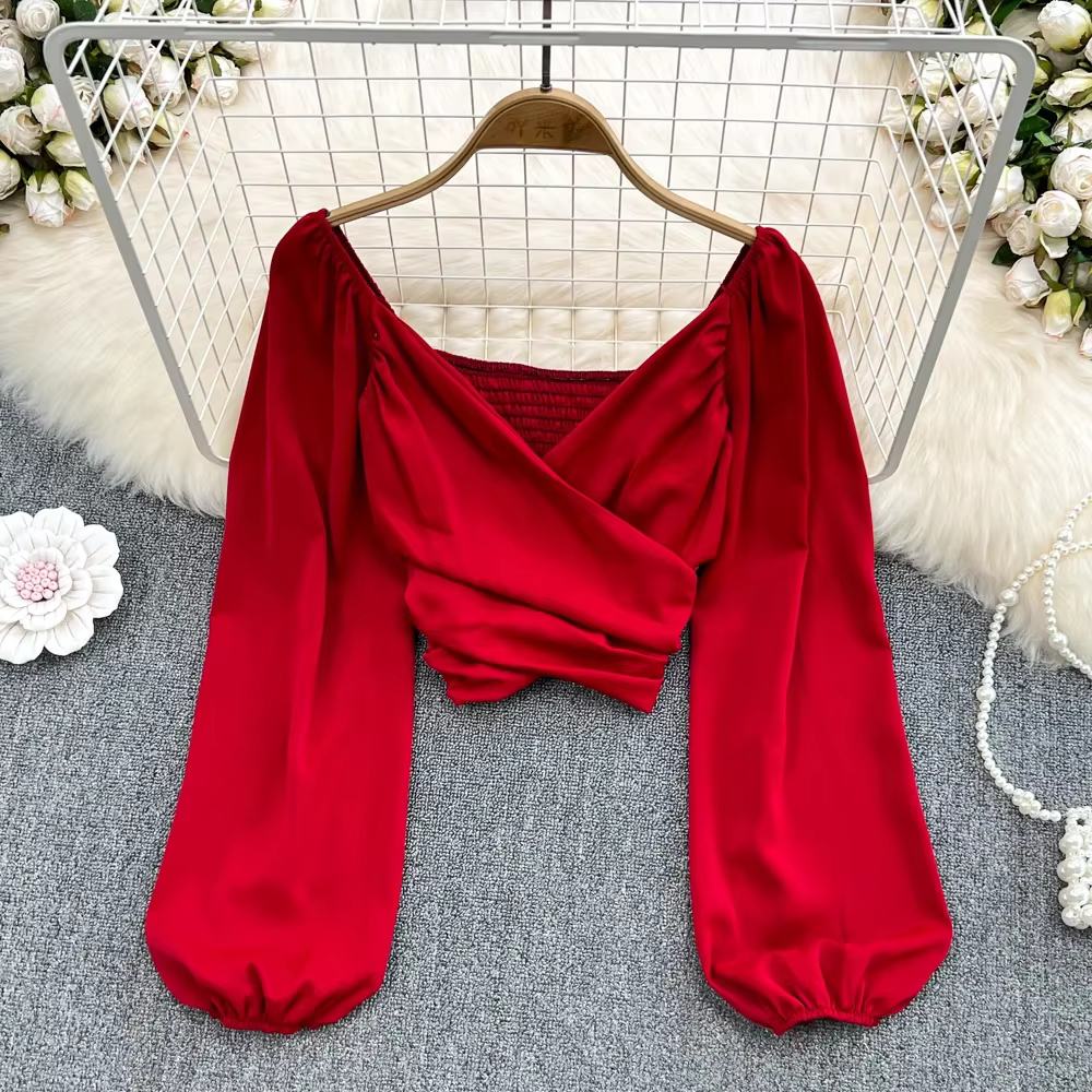 Chemisier slim croisé à manches longues bouffantes pour femmes, haut court plissé, chemise sexy, vêt