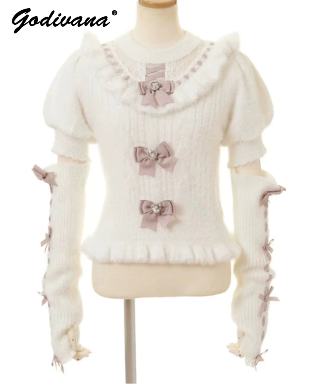 Style japonais mignon doux détachable nœud papillon fourrure manches longues mince pull automne et h