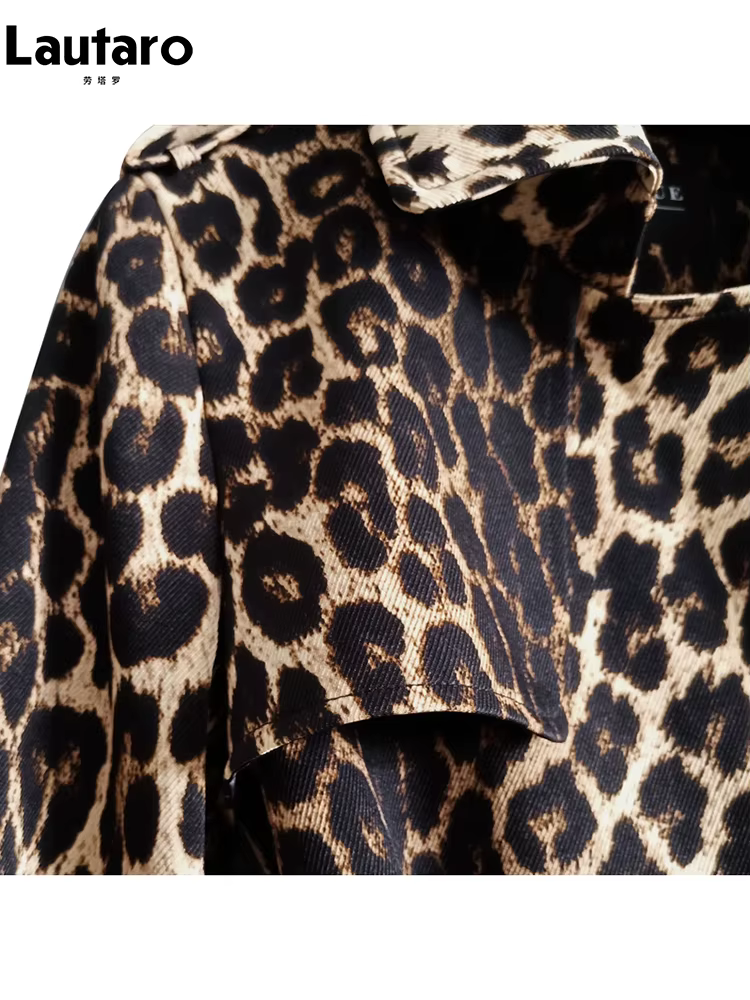 Lautaro printemps automne longue élégant imprimé léopard Trench manteau pour femmes ceinture Double