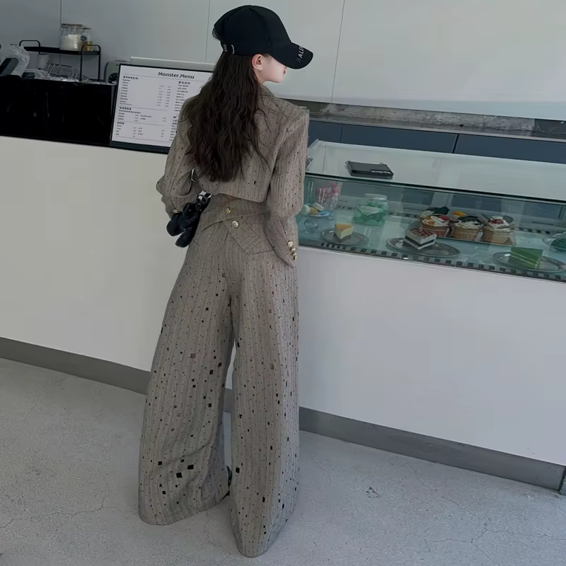 Ensemble de Vêtements Chics pour Adolescentes, Veste Courte Design + Pantalon Large Déchiré Personna
