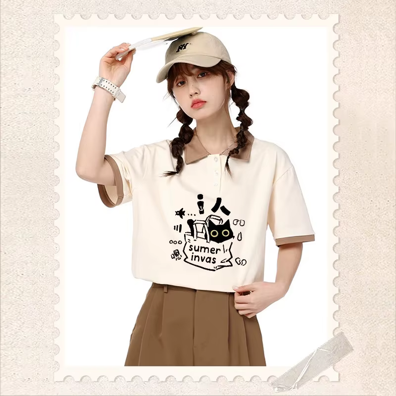 Polo ample japonais à manches courtes, T-shirt tendance, doux et mignon, imprimé de dessin animé, ét
