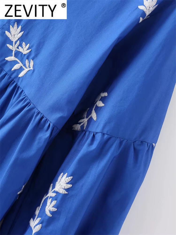 Zevity-Robe Mi-Longue Brodée Florale pour Femme, Vêtement à Plis, Décontracté, Bleu, Col Montant, Ma