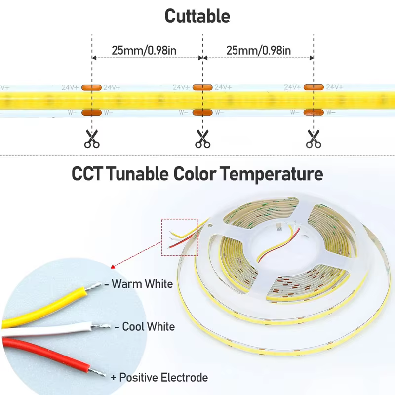 Bande lumineuse LED COB CCT 12V 24V DC, 2700K à 6500K, bande LED à couleur changeante, ruban linéair