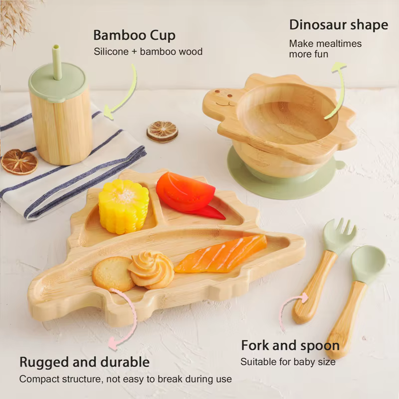 Filles d'Alimentation en Bois de Bambou avec Ventouse en Silicone pour Bébé, Dinosaure de Dessin Ani