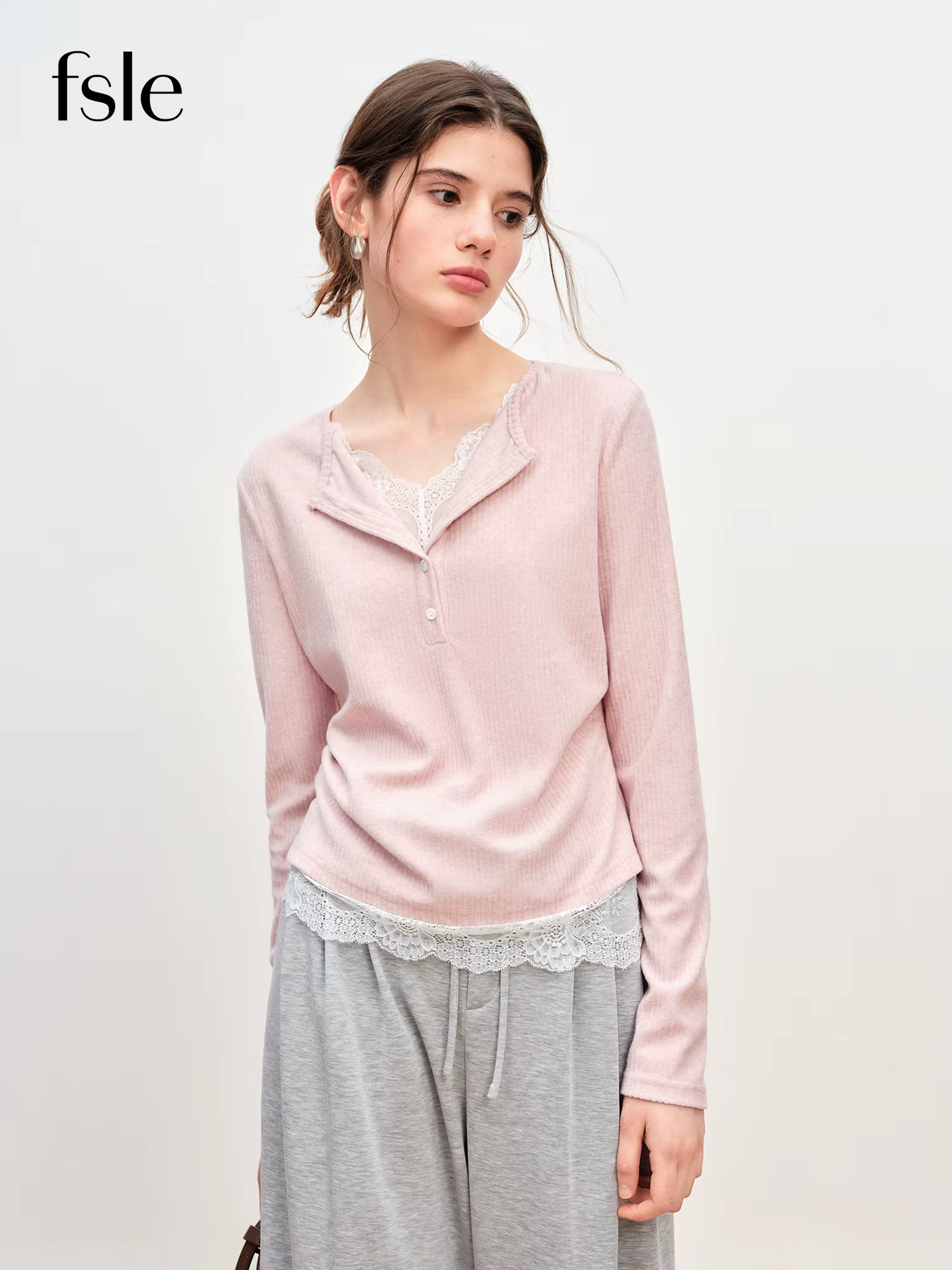 FSLE automne hiver 2025 T-Shirt à couche simulée pour femme - Haut de base en tricot avec bordure en