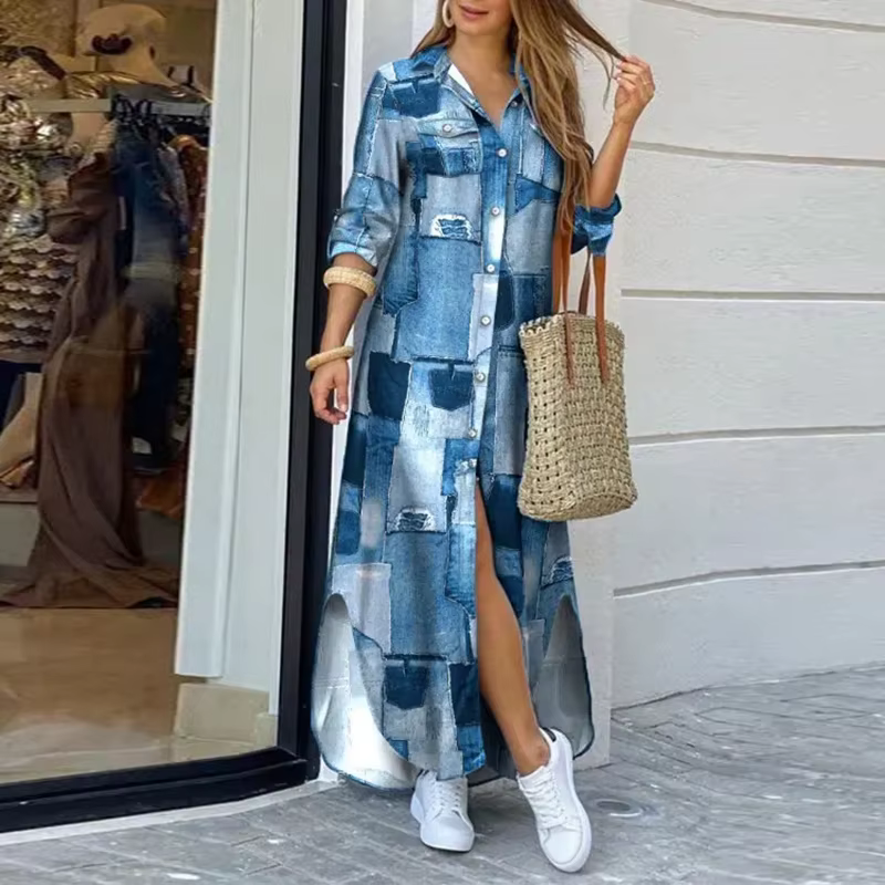 Robe chemise imprimée à col rabattu pour femmes, robes maxi élégantes, robe d'été à manches longues,