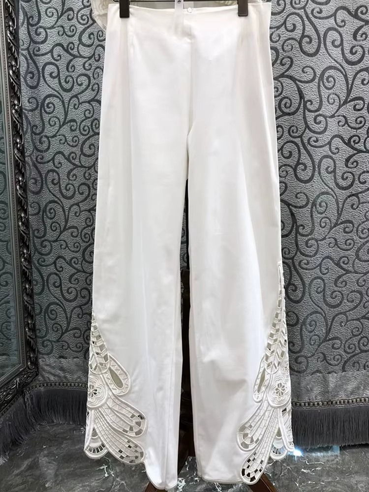Printemps/été 2025 nouveau haut sans manches à col rond creux brodé + pantalon droit décontracté mod