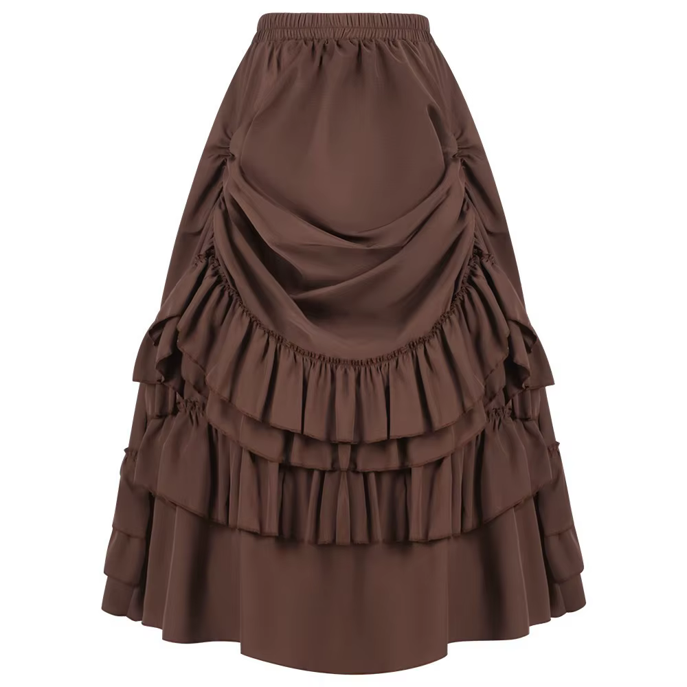Jupe victorienne longue taille haute à volants marron, jupes Steampunk, tenue de fête pour femmes, v