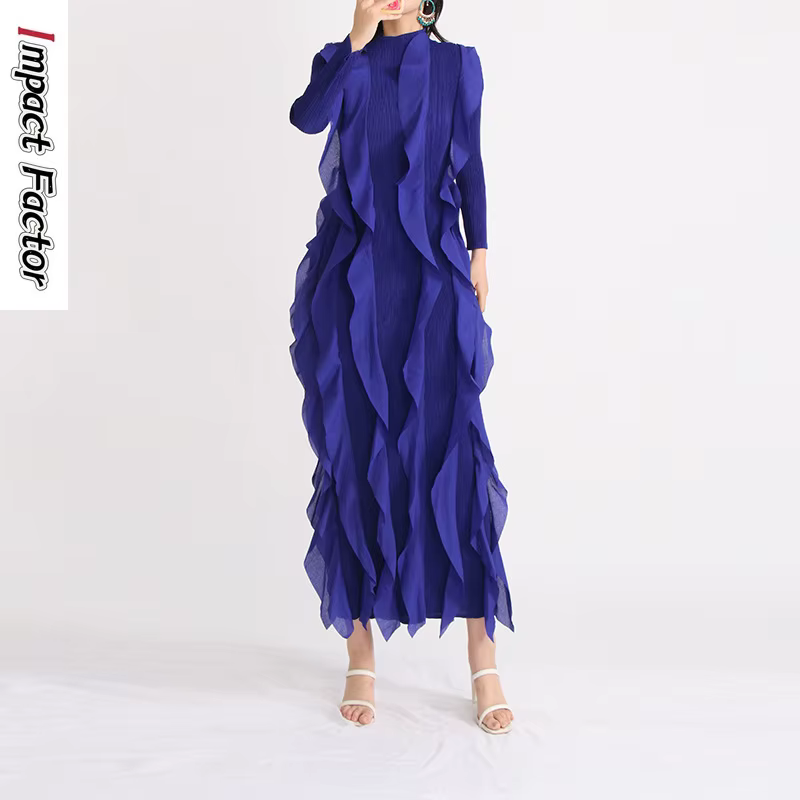 Robe longue de style français vintage, col montant, manches longues, haute élasticité, bouclier de c