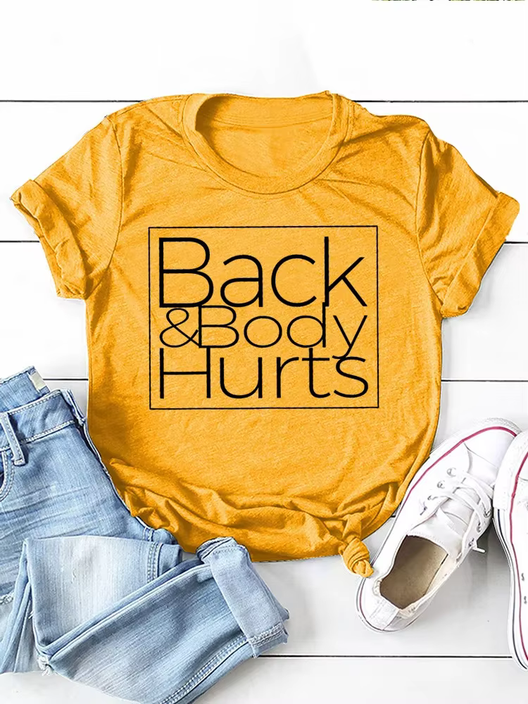 T-shirt à manches courtes et col rond pour femmes, ample, avec imprimé de lettres, dos et corps bles