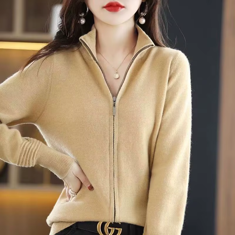 Nouveau pull en laine pour femme printemps-automne 2026, cardigan court à col montant zippé, couleur