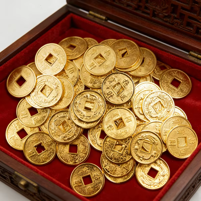 Vente en gros de pièces de monnaie chinoises anciennes Feng Shui dorées de 24/20 mm, porte-bonheur,