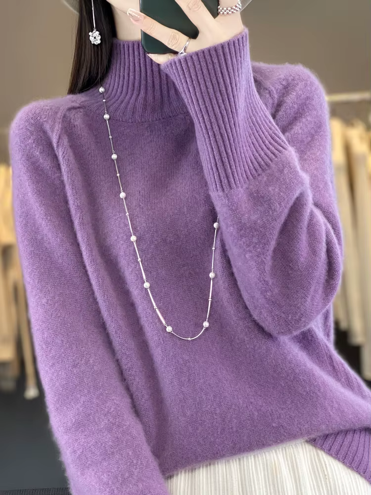 Femmes pull en cachemire 100% laine mérinos tricoté pull automne hiver col montant tricots femme dou