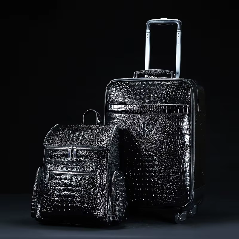 Valise de voyage en cuir véritable à motif crocodile pour homme, valise à roulettes, étui d'embarque