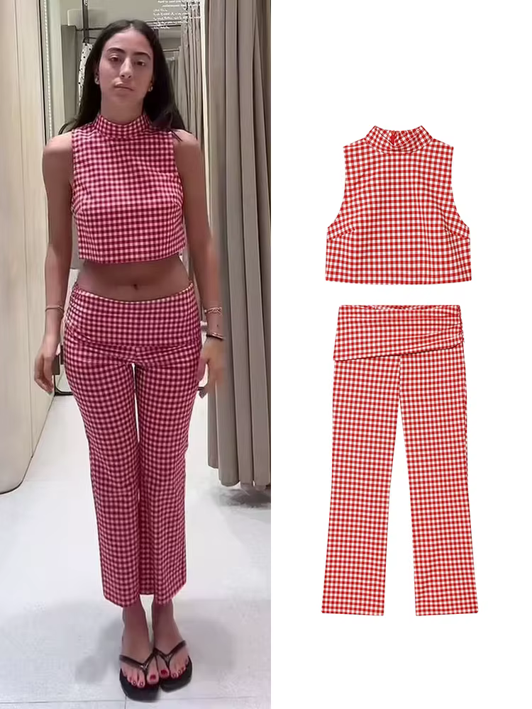 Ensemble pantalon slim d'été pour femme TFMLN – Haut court sans manches à col roulé et pantalon long