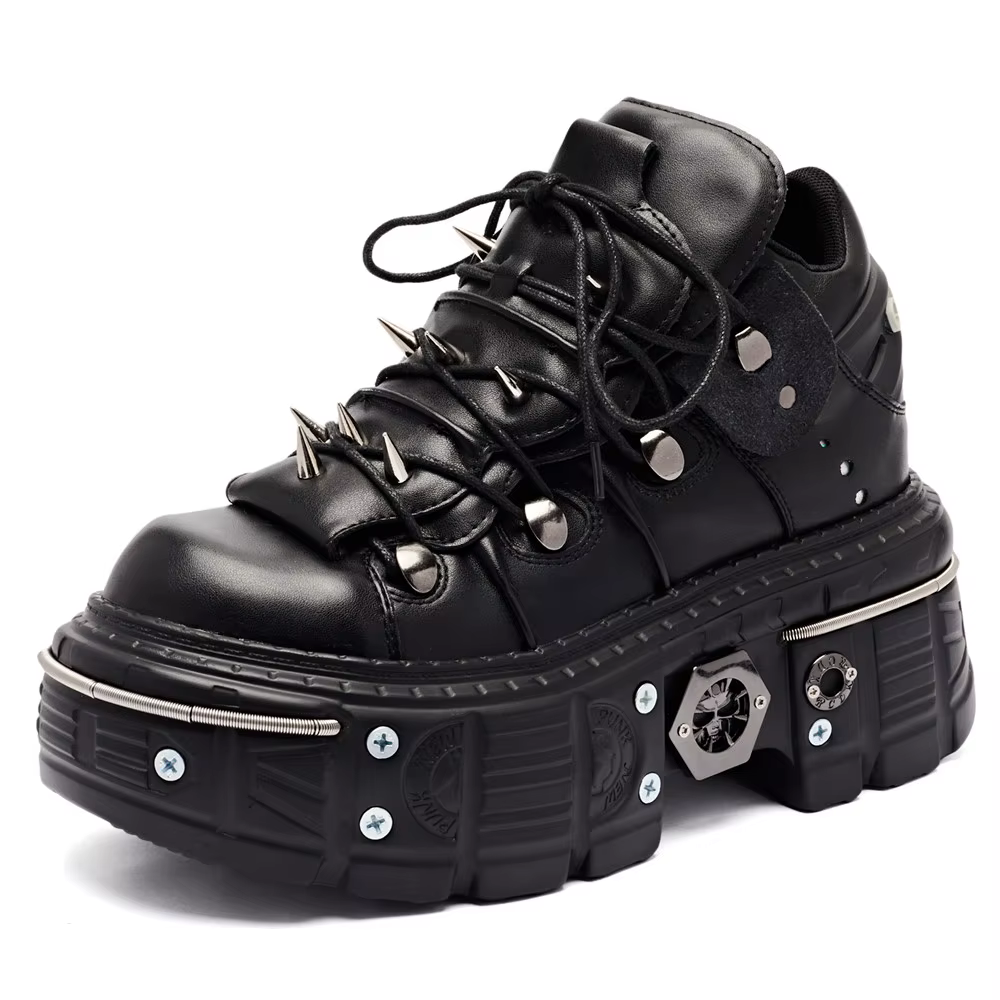Punk femmes à lacets cheville Botas Mujer 2025 Rivet métal décoration bout rond fond épais bottes fe