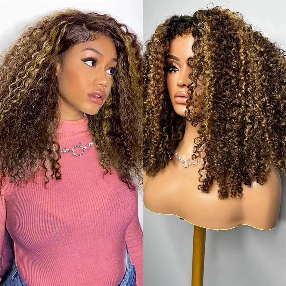 Perruque Bob Ombrée Highlight en Cheveux Humains, Perruque Courte Bouclée Blonde Miel avec Fermeture