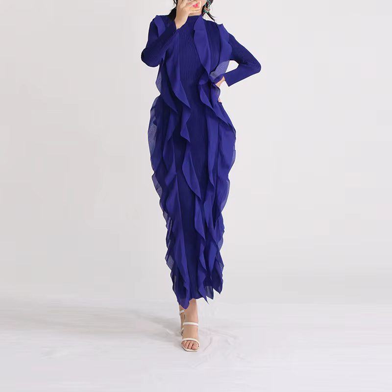 Robe longue de style français vintage, col montant, manches longues, haute élasticité, bouclier de c